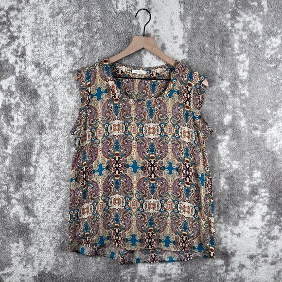 Pleione Blouse Small Womens Anthropologie Boho Chic Art Poly Top Cap Sleeve - Picture 1 of 6